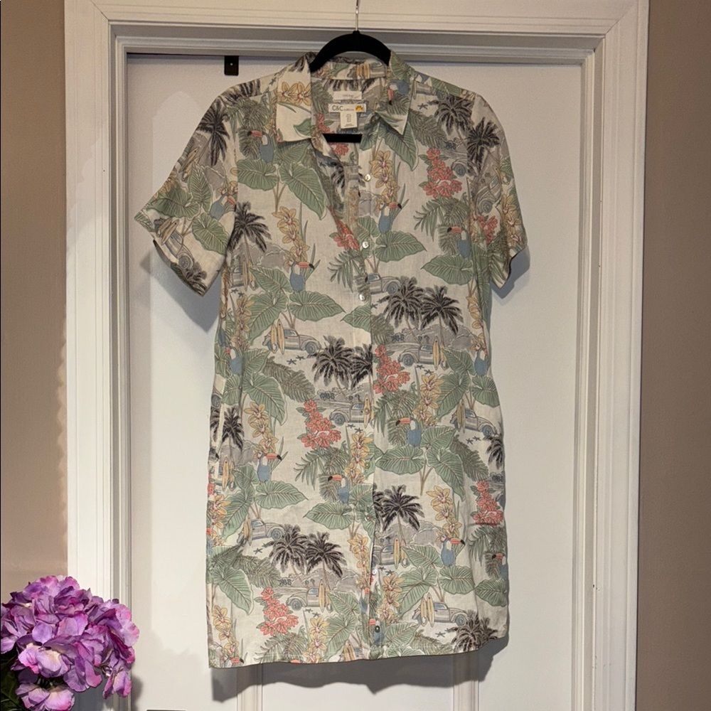 C&C California Tropical-Print Button-Up Linen Mini Dress - Small